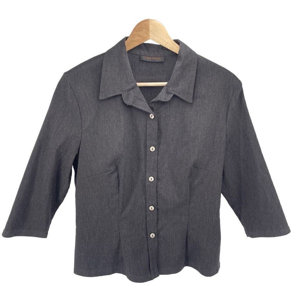 Streetwear Womens Button Down Shirt Top Blouse 3/4 Sleeve Collared Casual Gray